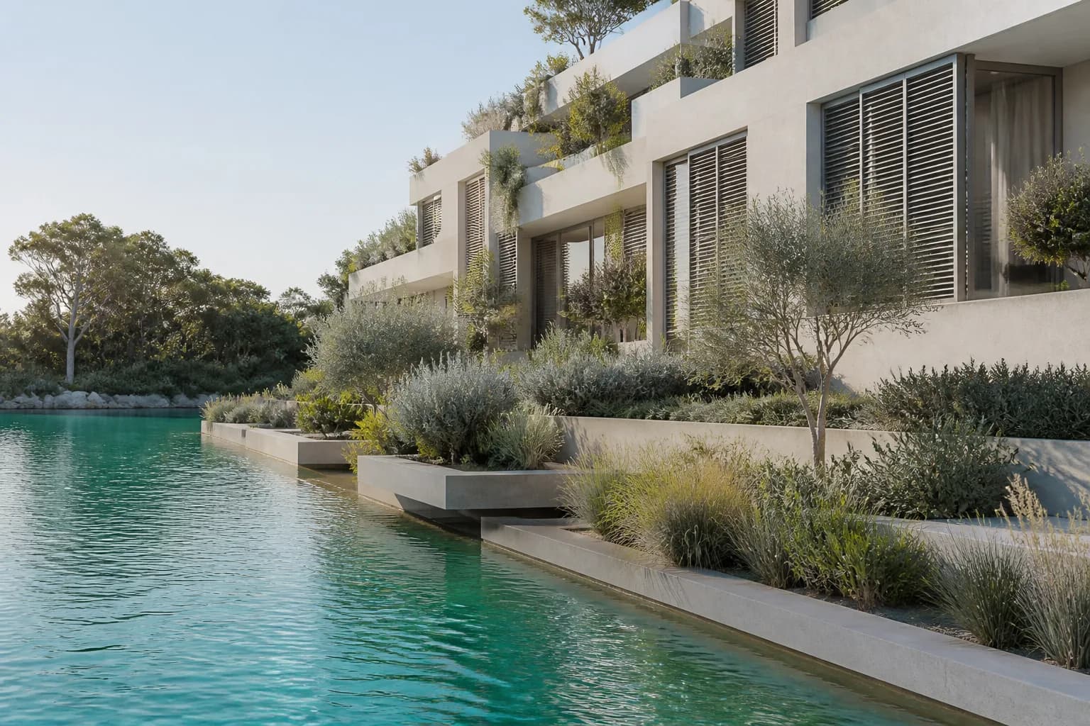 Reef at Lunaya Terraces — residences beside swimmable lagoon water and landscaped gardens in Saih Shuaib 1