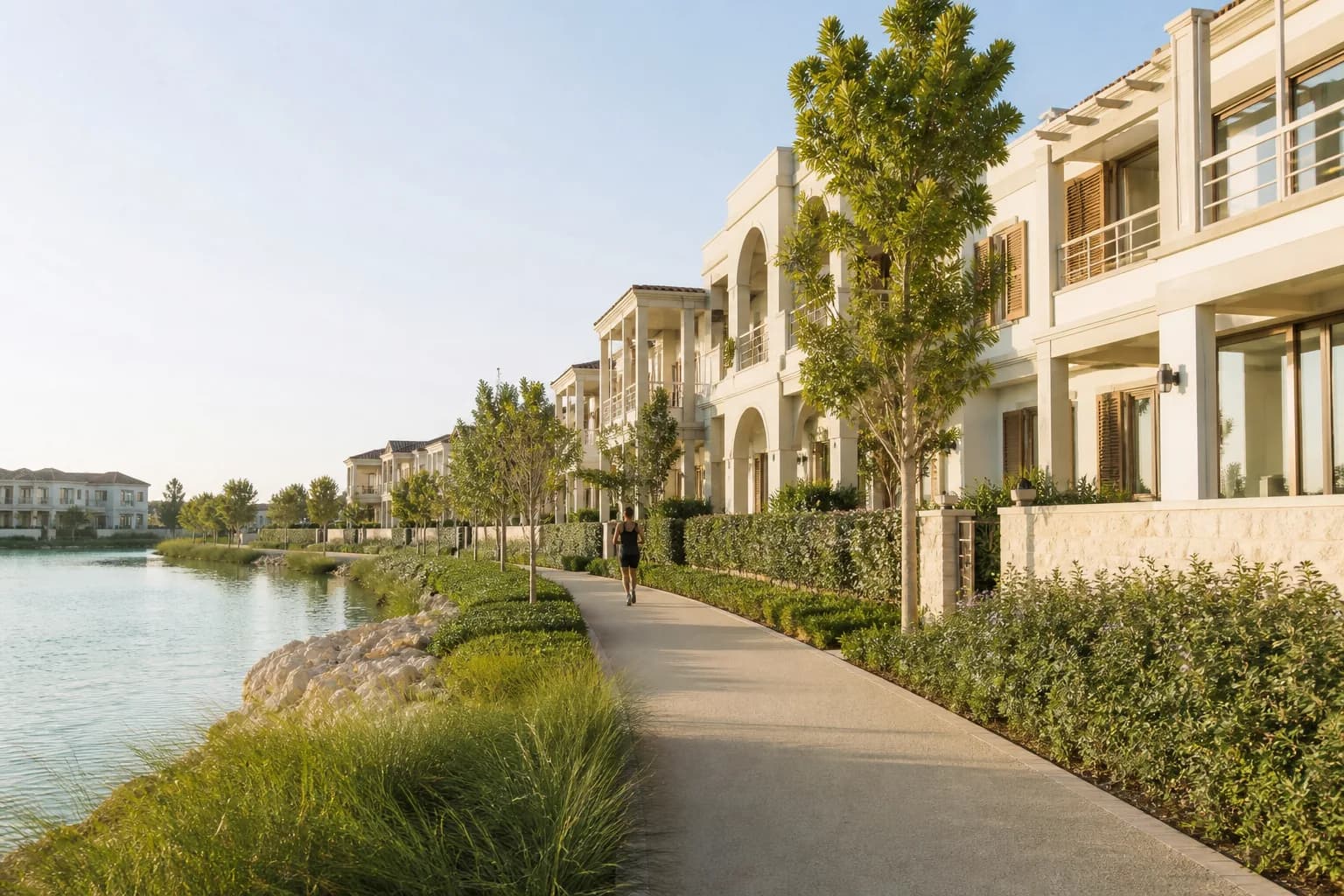 Shore at Lunaya Terraces — light residential façades along landscaped lagoon paths in Saih Shuaib 1, Dubai